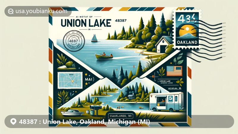 Airmail envelope illustration of Union Lake, Oakland County, Michigan, highlighting natural beauty, water activities, and postal elements with ZIP code 48387.