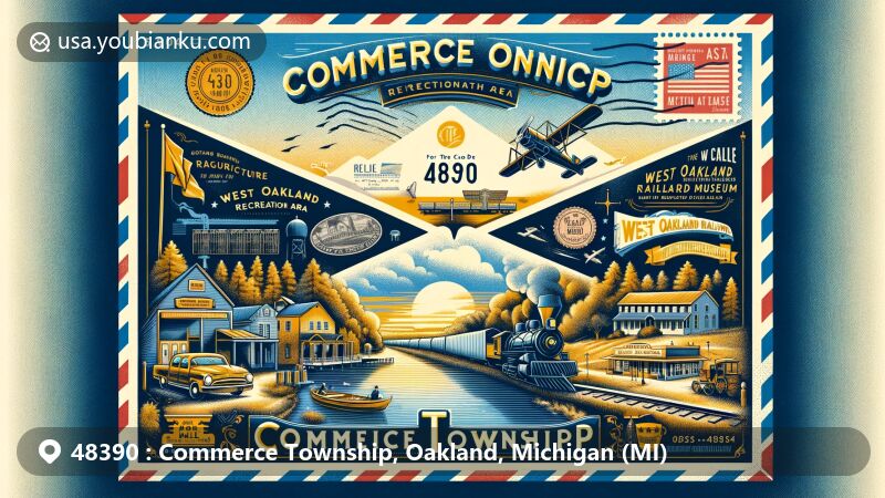 Modern illustration of Commerce Township, Michigan, featuring ZIP code 48390, showcasing air mail envelope design with Proud Lake Recreation Area, West Oakland Railroad Museum, and Michigan state flag.