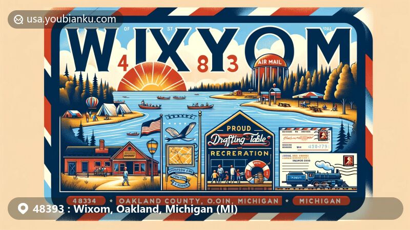 Modern illustration of Wixom, Oakland County, Michigan, representing postal code 48393, featuring Proud Lake State Recreation Area, Drafting Table Brewing Company, historical railroad nod, and stylized postal elements showcasing Michigan's silhouette and ZIP code.