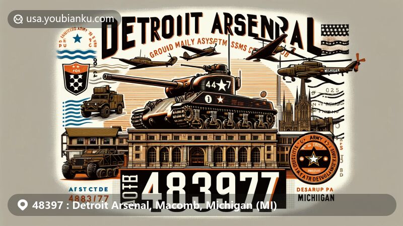 Modern illustration of Detroit Arsenal in Macomb, Michigan, representing ZIP code 48397, featuring a vintage-style postcard with M4 Sherman tank, modern military vehicle, Michigan state flag elements, and Detroit Arsenal facility.
