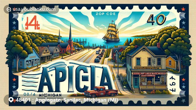 Modern illustration of Applegate, Michigan, showcasing the village atmosphere, ZIP code 48401, and Lake Huron in the background, with a creative postal stamp featuring a Great Lakes ship.