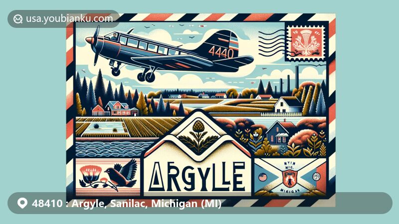 Modern illustration of Argyle, Sanilac County, Michigan, featuring postal theme with ZIP code 48410, showcasing rural landscapes, Scottish heritage, Michigan state flag, and Sanilac County outline.