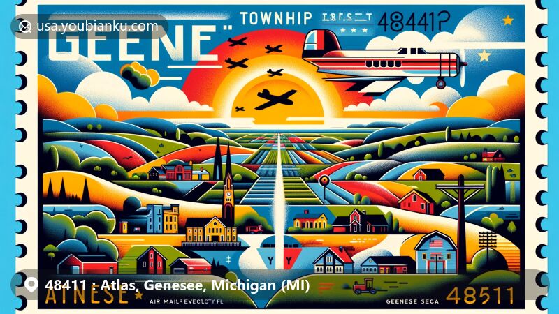 Modern illustration of Atlas Township, Genesee County, Michigan, showcasing postal theme with ZIP code 48411, featuring rural landscape, historical landmarks, and Genesee County symbols.