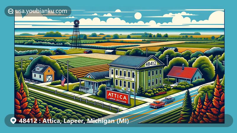 Modern illustration of Attica, Lapeer, Michigan, featuring ZIP code 48412, highlighting rural charm, lush greenery, and community spirit, with a blend of modern and historical architecture.
