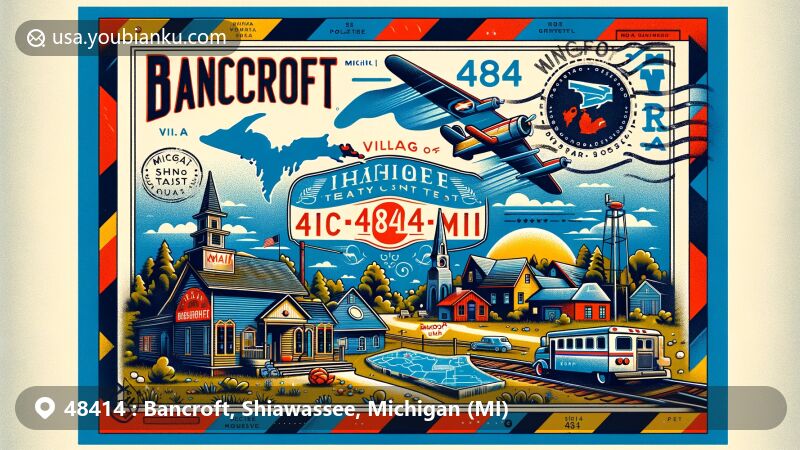 Modern illustration of Bancroft, Michigan, highlighting ZIP code 48414, presented on air mail envelope with stylish '48414' and 'Bancroft, MI' lettering, showcasing Shiawassee County on Michigan state map.