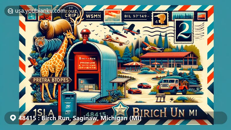 Modern illustration of Birch Run Premium Outlets, showcasing variety of upscale stores and bustling shopping scene, along with Wilderness Trails Zoo and Birch Run Speedway and Event Center.