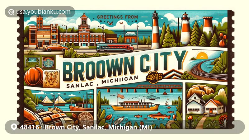Modern illustration of Brown City, Sanilac County, Michigan, showcasing small-town charm and lush greenery, with Huron and Eastern Railway symbolizing city's connection, and cultural symbols including Port Sanilac lighthouse, salmon fishing in Lake Huron, and petroglyphs near Cass City. Postcard features 'Greetings from Brown City, 48416'.
