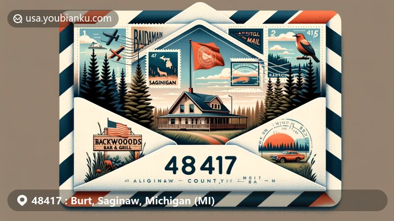Modern illustration of Burt, Saginaw County, Michigan, showcasing postal theme with ZIP code 48417, featuring Backwoods Bar & Grill and local wildlife, including Michigan state flag and Saginaw County outline.