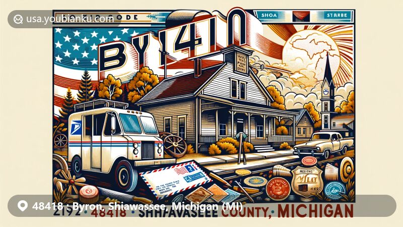 Modern illustration of Byron, Shiawassee County, Michigan, showcasing postal theme with ZIP code 48418, featuring small-town allure, stagecoach history, Michigan state flag, and vintage postal motifs.
