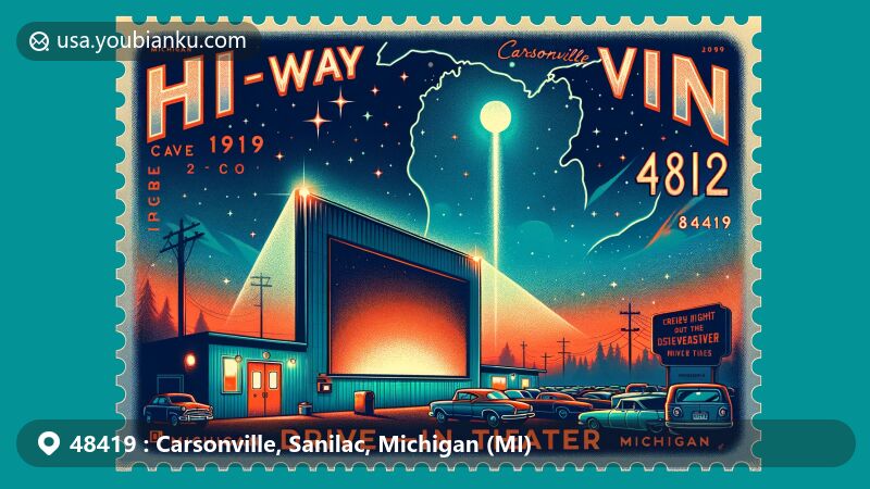 Modern illustration of Carsonville, Michigan, showcasing Hi-Way Drive-In Theater, a historic cinema venue in Carsonville, against a starry night sky with vintage postal elements and ZIP code 48419.