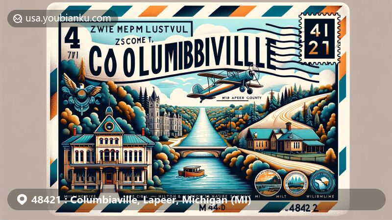 Modern illustration of Columbiaville, Lapeer County, Michigan, with a creatively designed airmail envelope featuring iconic symbols of the area, including Hilton and Marjorie Tibbits Nature Sanctuary, William Peter Mansion, Flint River stamp, and postal mark with ZIP code 48421.