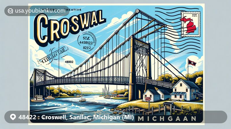 Illustration of Croswell, Michigan, featuring Croswell Swinging Bridge with city name 'Croswell' and ZIP code '48422', accompanied by Michigan state flag, designed in vintage postcard style with postal stamp effects and bridge-themed postage stamp.