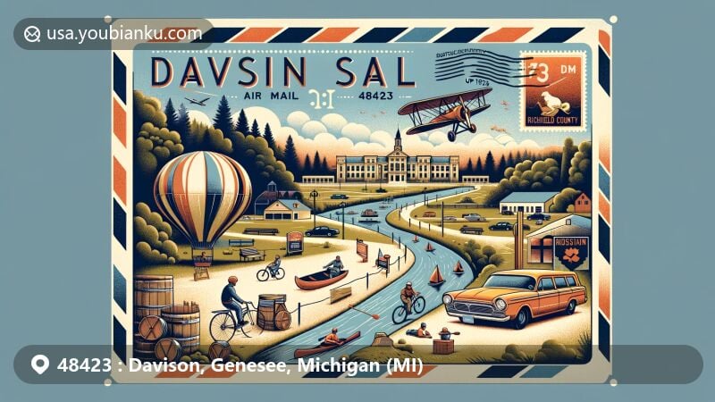 Modern illustration of Davison, Michigan, highlighting Rosemoor Park, Richfield County Park, BMX biking, canoeing on Flint River, cross-country skiing, playground, vintage postal elements, and ZIP code 48423.