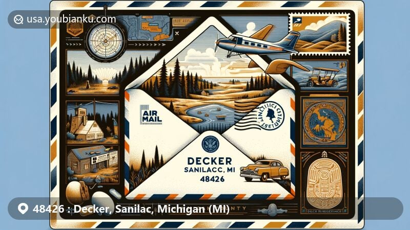 Vintage air mail envelope illustration representing Decker area, Sanilac County, Michigan, with ZIP code 48426, featuring map outline of Sanilac County and Sanilac Petroglyphs.