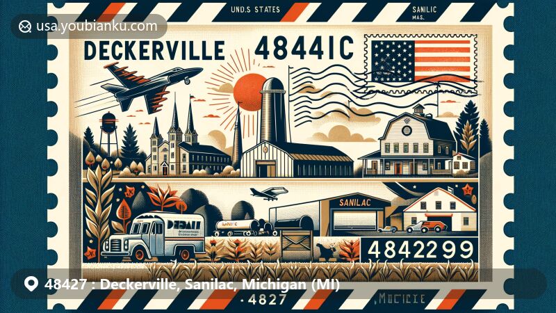 Contemporary illustration of Deckerville, Sanilac County, Michigan, showcasing postal theme with ZIP code 48427, featuring Deckerville Historical Museum and agricultural symbols.