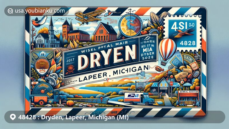 Modern illustration of Dryden, Lapeer County, Michigan, featuring air mail envelope theme with ZIP code 48428, blending landscapes, events, and cultural elements.