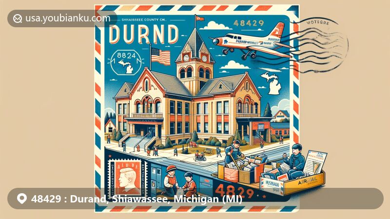 Modern illustration of Durand, Shiawassee County, Michigan, inspired by airmail envelope design, showcasing Durand Memorial Library, children selling paper bricks for library funding, Michigan Railroad History Museum, state flag, vintage stamp, postmark with 1954 library opening date, and '48429' ZIP code, with subtle Shiawassee County map contours.