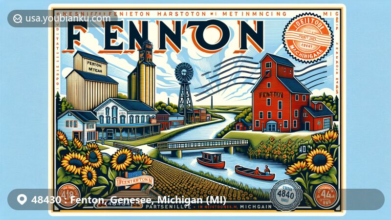 Modern illustration of Fenton, Michigan, highlighting iconic elements like the Fenton grain elevator and Historic Parshallville Grist Mill, set against a backdrop of sunflowers, river, and town architecture. Includes vintage postcard border, prominent ZIP code stamp, and postmark 'Fenton, MI 48430'.