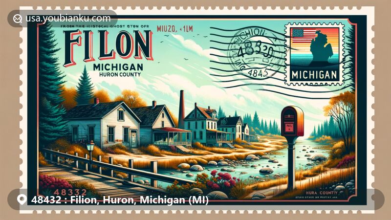 Ghost town illustration of Filion, Huron County, Michigan, capturing historical essence with postal elements, vintage stamp, old postbox, and ZIP code 48432. Pays homage to rich history and unique charm.