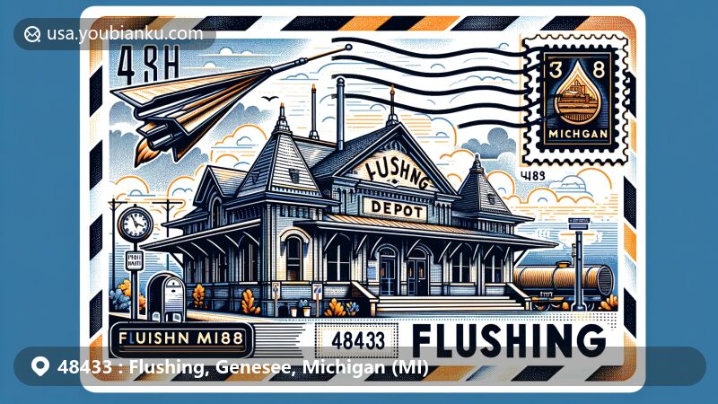 Modern illustration of Flushing, Michigan, featuring a creatively designed airmail envelope with ZIP code 48433 and imagery of the historic 1888 Flushing Depot.