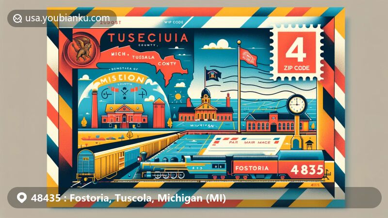 Modern illustration of Fostoria, Tuscola County, Michigan, showcasing postal theme with ZIP code 48435, featuring Michigan state flag, Tuscola County outline, and Pere Marquette Railway.