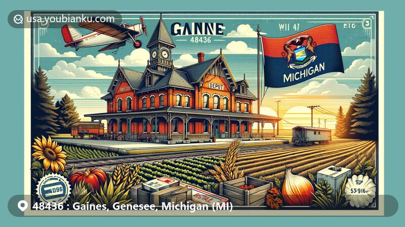 Vintage-style illustration of Gaines, Genesee, Michigan, showcasing historic Victorian brick depot and rural agricultural elements, with Michigan state flag and ZIP Code 48436.