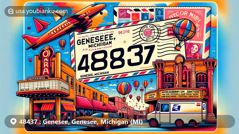 Modern illustration of Genesee, Michigan postal code 48437, featuring postcard design with local attractions like Huckleberry Junction Theater, stamps, postal truck, and mailbox.