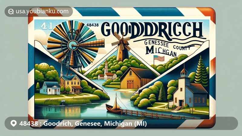Modern illustration of Goodrich, Michigan, showcasing postal theme with ZIP code 48438, featuring rural landscapes, a historic mill, and a church.