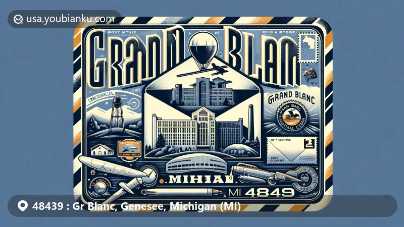 Modern illustration of Grand Blanc, Genesee County, Michigan, depicting ZIP code 48439 with airmail envelope design featuring Creasy Bicentennial Park, Grand Blanc Metal Center emblem, and Michigan state flag.