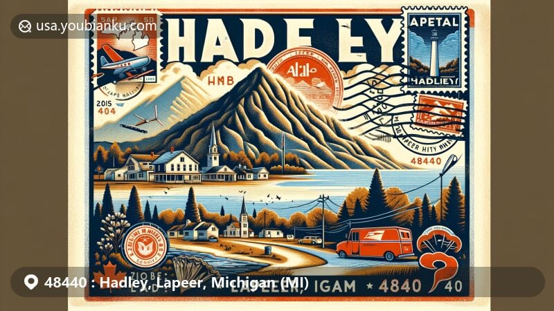 Modern illustration of Hadley, Lapeer, Michigan, featuring a creative postal theme with air mail envelopes, stamps, and postmarks against the backdrop of Hadley Hills, symbolizing the area's natural beauty. The design captures the essence of Michigan's Thumb region and aims to evoke a sense of place and community.