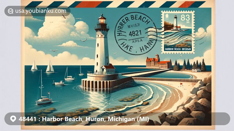 Modern illustration of Harbor Beach, Michigan, showcasing postal theme with ZIP code 48441, featuring Harbor Beach Lighthouse, Lake Huron, and maritime heritage.