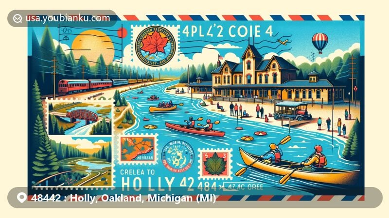 Modern illustration of Holly, Oakland County, Michigan, showcasing postal elements for ZIP code 48442 with key attractions like Mount Holly ski resort, Holly Union Depot, and Shiawassee River Heritage Water Trail.