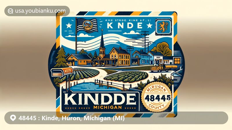 Modern illustration of Kinde, Michigan, ZIP Code 48445, featuring vintage air mail envelope with postal marks and Michigan state flag stamp, symbolizing Kinde's history as the 'bean capital of the world' and connection to Michigan bean soup tradition.