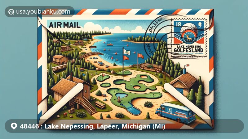 Modern illustration of Lake Nepessing, Lapeer, Michigan, showcasing postal theme with ZIP code 48446, featuring Lake Nepessing Golfland, Hilltop Campground, Michigan state flag, and postal elements.