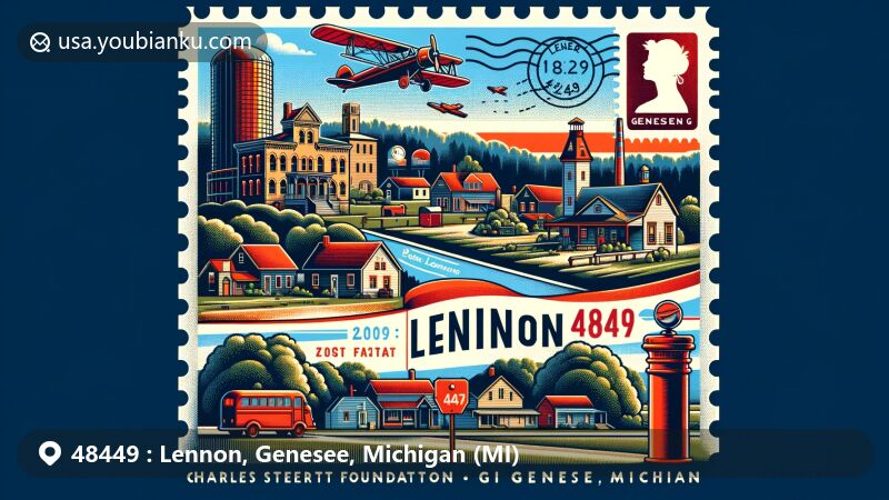 Modern illustration of Lennon, Genesee, Michigan, highlighting ZIP code 48449 and local postal features, depicting scenic village view with historical significance of Peter Lennon, showcasing geographic placement in both Shiawassee and Genesee counties, incorporating vintage postcard, airplane envelope, stamp, postmark, and mailbox, featuring iconic landmarks of Genesee County.