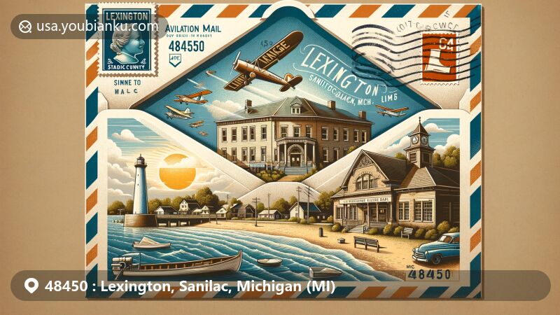 Modern illustration of Lexington, Sanilac County, Michigan, showcasing postal theme with ZIP code 48450, featuring Lexington State Harbor, Moore Public Library, and Port Sanilac lighthouse.