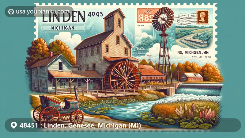 Modern illustration of Linden Mill, Genesee County, Michigan, featuring classical architectural details and natural landscapes with marshes and wetlands, highlighting ZIP code 48451 and postal themes.