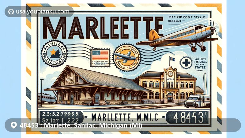 Modern illustration of Marlette, Sanilac County, Michigan, featuring vintage air mail envelope with Marlette Train Depot, Marlette Regional Hospital, Michigan state flag, and airplane, all symbolizing local heritage, healthcare, and state identity.