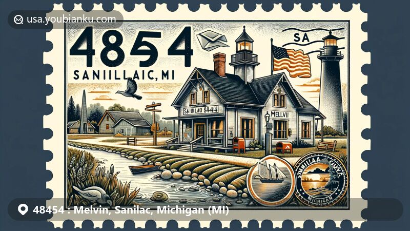 Modern illustration of Melvin, Sanilac County, Michigan, featuring a detailed postage stamp background with ZIP code 48454 and 'Melvin, MI', showcasing a charming village scene reflecting the rural character of the Thumb Region. Includes Sanilac County symbols like a lighthouse and petroglyphs, celebrating local culture and history.