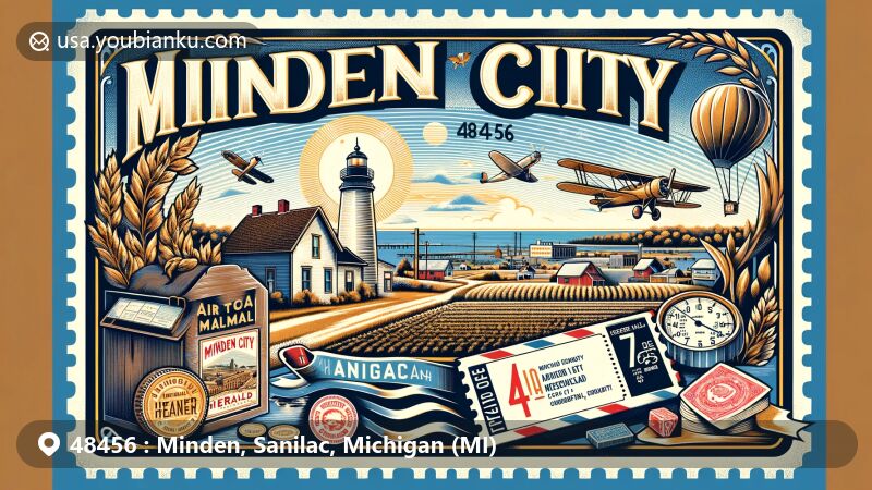 Modern illustration of Minden City, Sanilac County, Michigan, featuring a postal-themed design with ZIP code 48456, encompassing rural charm, farmlands, Minden City Herald, and Port Sanilac lighthouse.