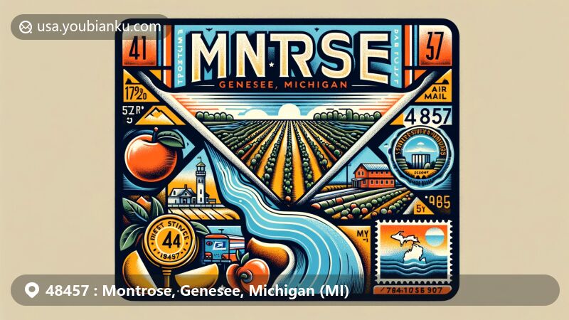 Modern illustration of Montrose, Genesee County, Michigan, featuring postal code 48457, showcasing airmail envelope with postage stamp highlighting Montrose Orchards, postal mark from 1847, and ZIP code. Design integrates Flint River, Genesee County outline, and M-57 road sign.