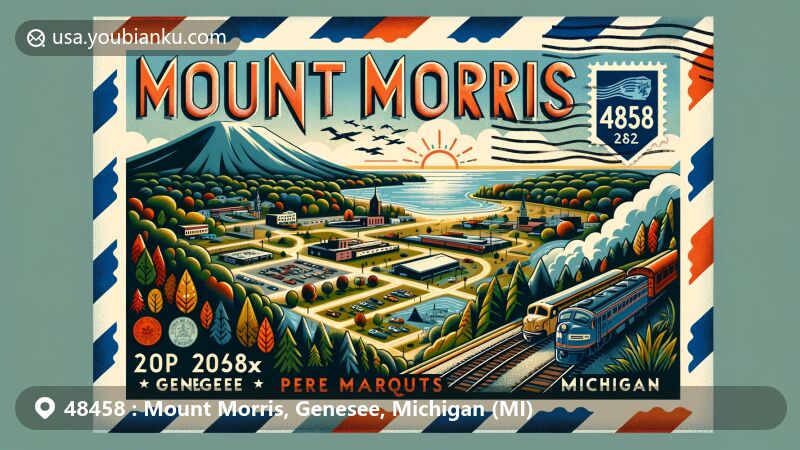 Contemporary illustration of Mount Morris, Genesee County, Michigan, featuring landscapes of Mounds Off-Road Vehicle Area and the Flint River, showcasing the region's outdoor spirit and historical significance.
