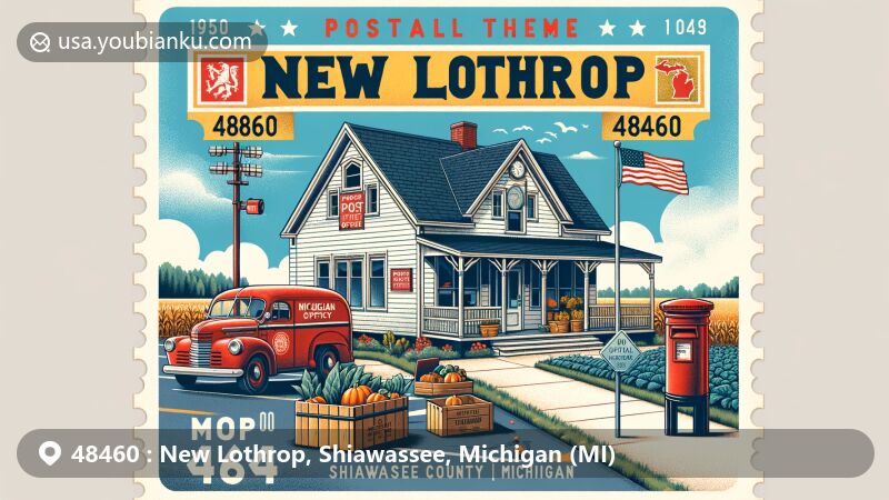 Modern illustration of New Lothrop, Shiawassee County, Michigan, showcasing a postal theme with ZIP code 48460, featuring a vintage post office, agricultural elements, Michigan state flag, red postal box, envelope, and postmark.