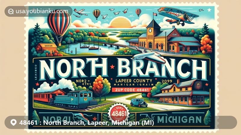 Modern illustration of North Branch, Lapeer County, Michigan, with ZIP code 48461, featuring Lapeer Train Depot, Metamora Hot Air Balloon Festival, and Michigan landscapes.