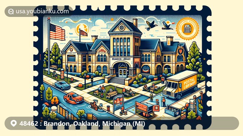 Modern illustration of Brandon and Ortonville, Oakland County, Michigan, featuring postal theme with ZIP code 48462, highlighting Brandon Township Library and Michigan state pride.