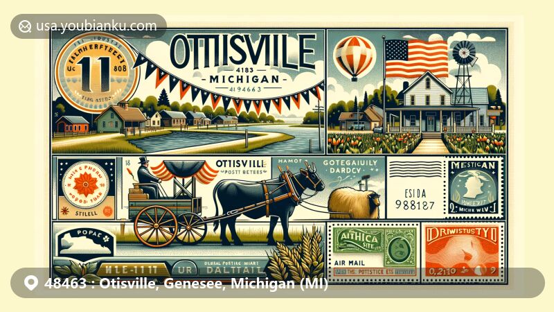 Modern illustration of Otisville, Michigan, showcasing scenic landscape, historical 1918 parade with farmer and cow, postal card design with ZIP code 48463, Michigan symbols, state flag, and Pere Marquette Railway station.