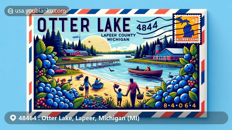 Modern illustration of Otter Lake, Lapeer County, Michigan, showcasing iconic elements and recreational activities, including boating and fishing, Blueberry Lane Farms, and Michigan state flag stamp design.