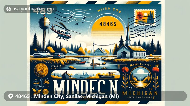 Modern illustration of Minden City, Michigan, in Sanilac County, featuring ZIP Code 48465, postcard design with post stamp and postmark, and the Minden City State Game Area scenery.