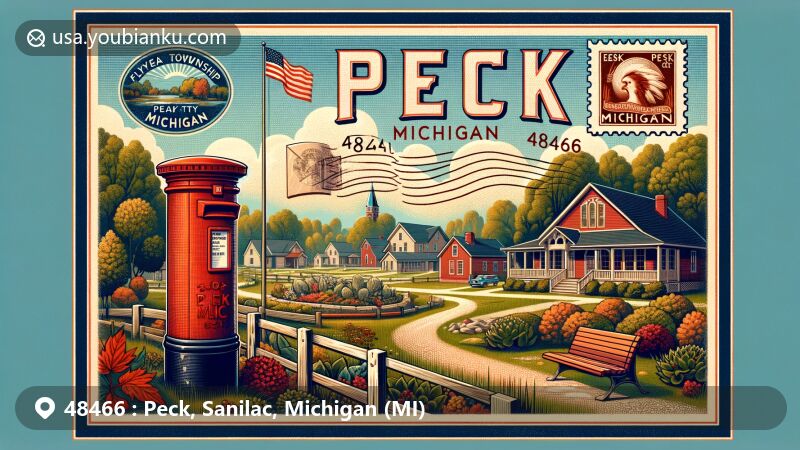 Captivating illustration of Peck, Michigan, showcasing vintage postcard design with modern flair, featuring postal elements and natural beauty amid Michigan's landscape.