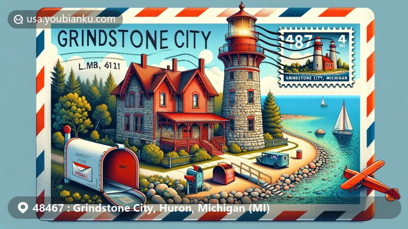 Modern illustration of Grindstone City, Huron County, Michigan, featuring scenic Lake Huron backdrop with red wooden lighthouse and historical stone buildings. A creative airmail envelope in the foreground displays landmarks, mailboxes, and a postal van.